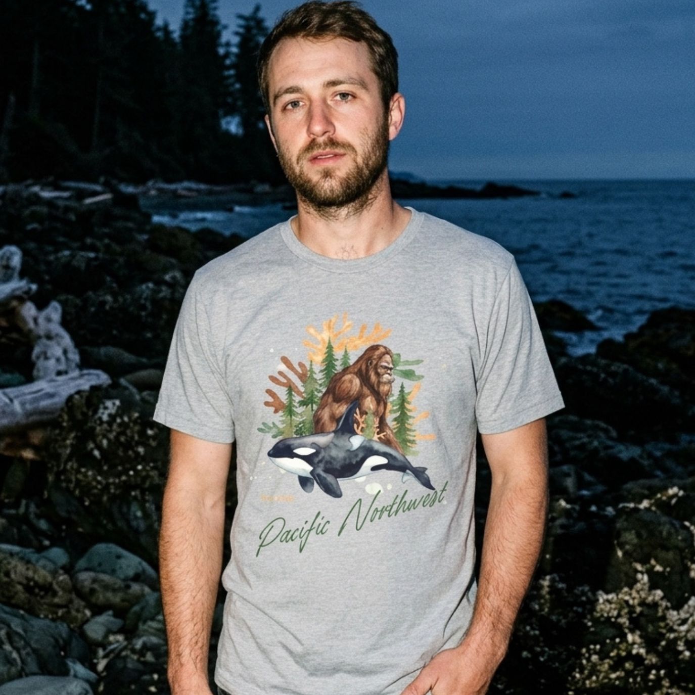Sasquatch & Orca Graphic T-Shirt — Pacific Northwest Conservation Nature Tee