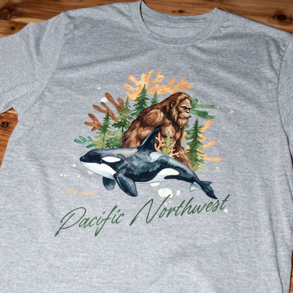Sasquatch & Orca Graphic T-Shirt — Pacific Northwest Conservation Nature Tee