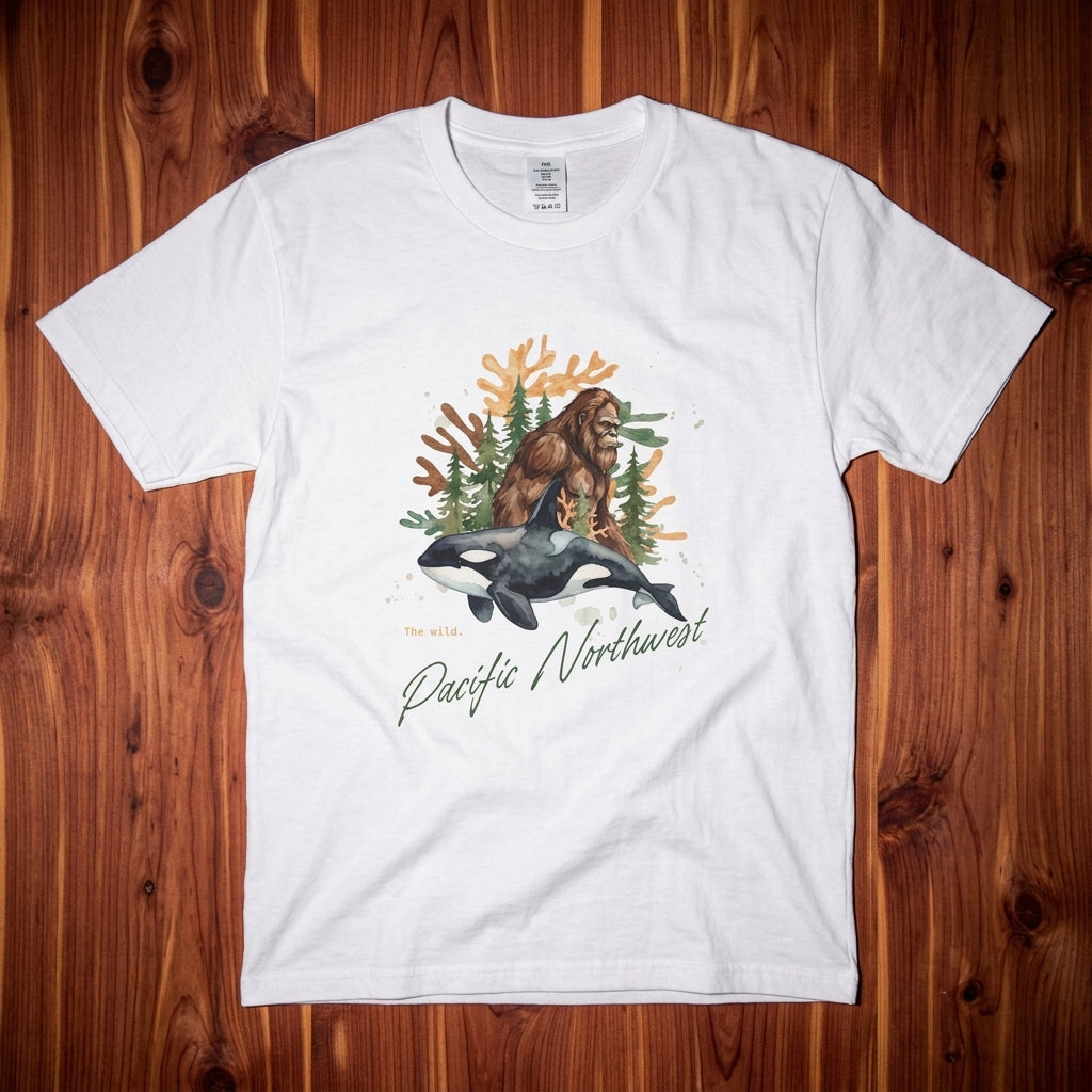 Sasquatch & Orca Graphic T-Shirt — Pacific Northwest Conservation Nature Tee