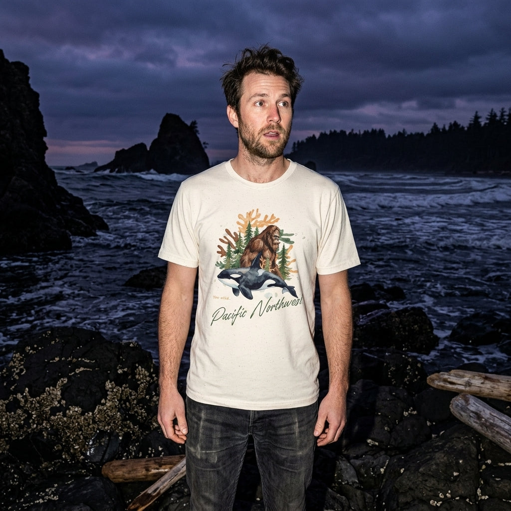 Sasquatch & Orca Graphic T-Shirt — Pacific Northwest Conservation Nature Tee