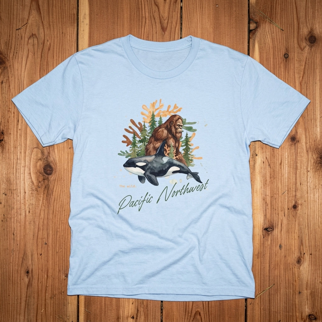 Sasquatch & Orca Graphic T-Shirt — Pacific Northwest Conservation Nature Tee