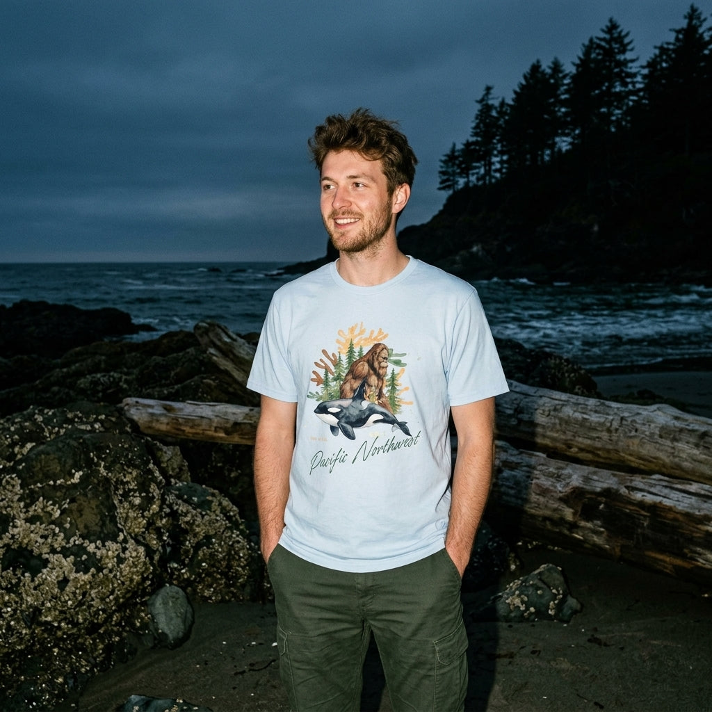 Sasquatch & Orca Graphic T-Shirt — Pacific Northwest Conservation Nature Tee