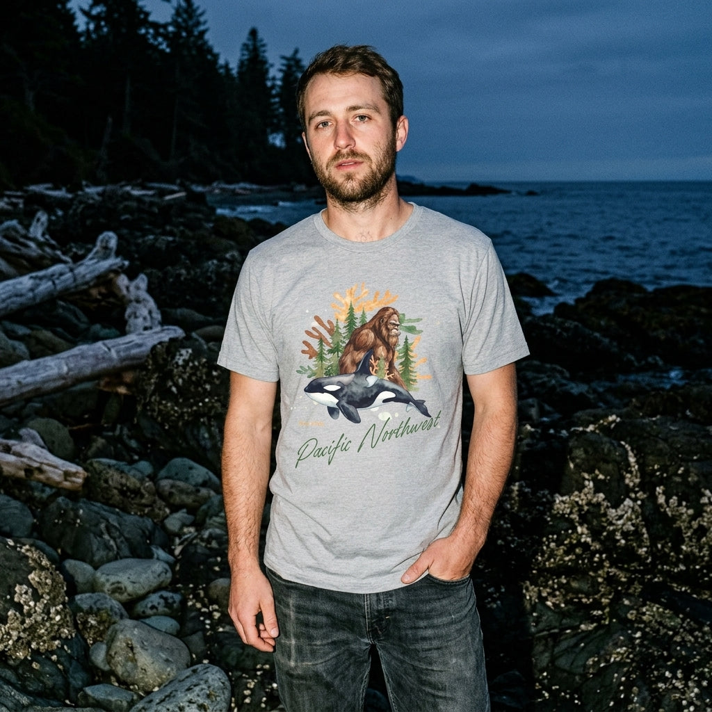 Sasquatch & Orca Graphic T-Shirt — Pacific Northwest Conservation Nature Tee