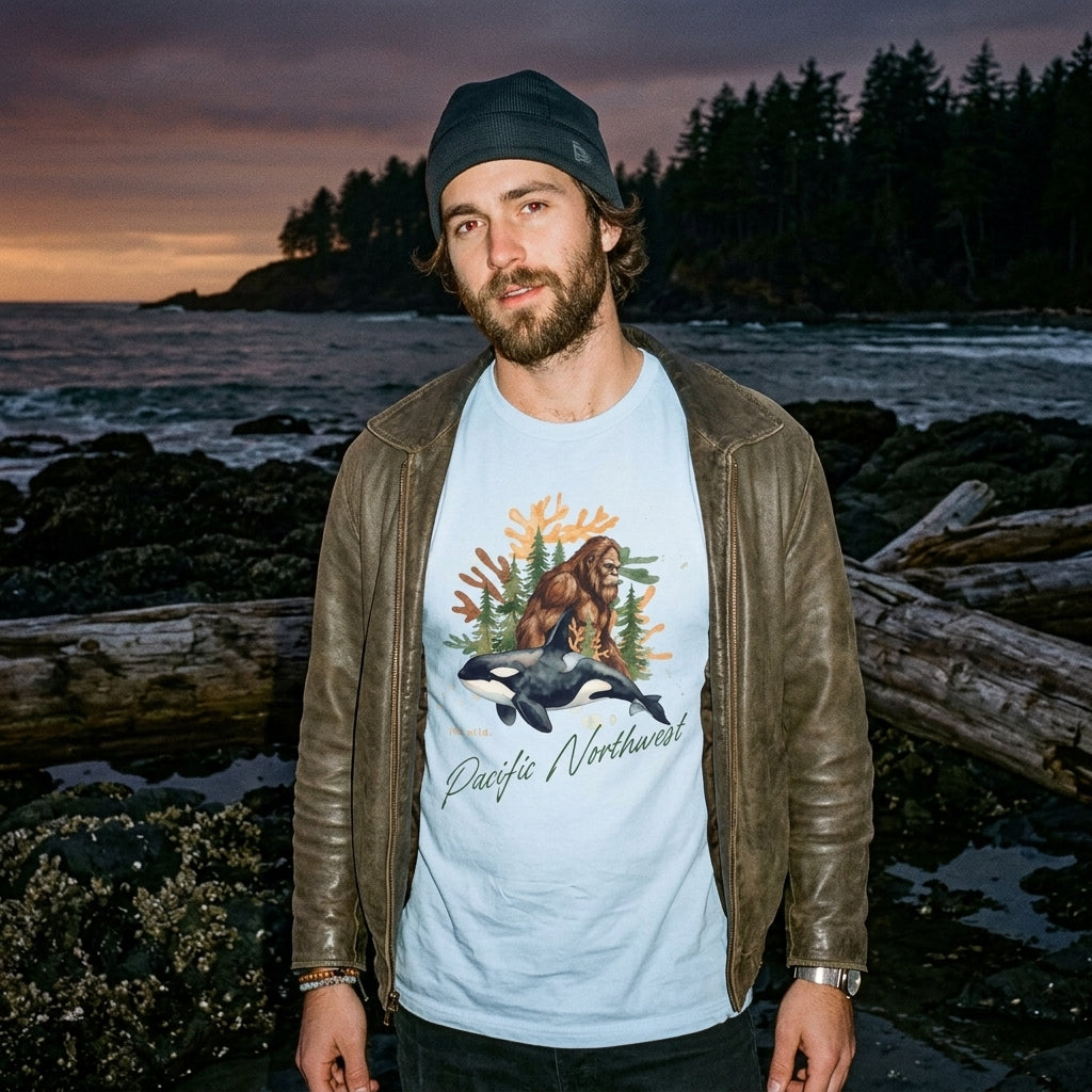 Sasquatch & Orca Graphic T-Shirt — Pacific Northwest Conservation Nature Tee