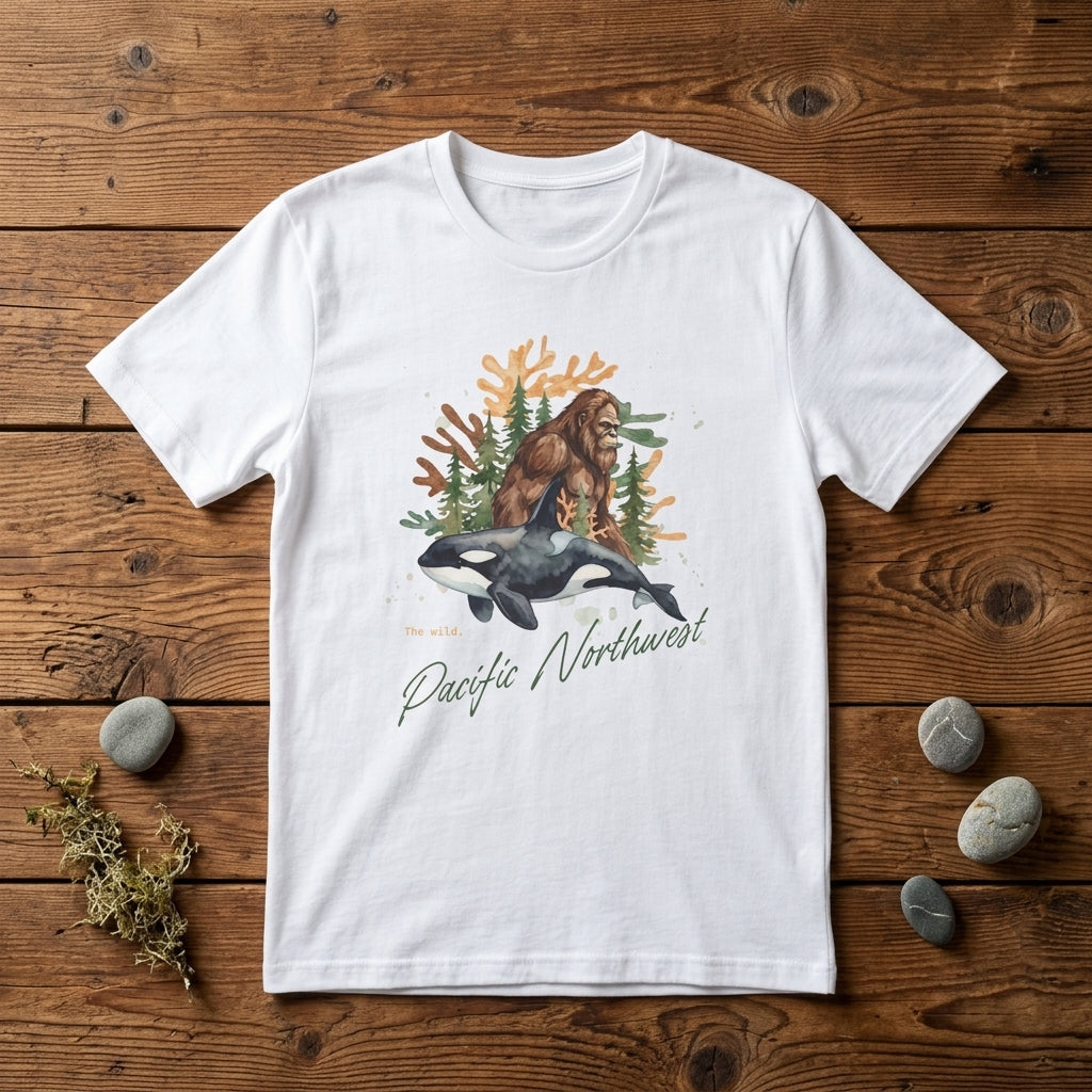 Sasquatch & Orca Graphic T-Shirt — Pacific Northwest Conservation Nature Tee
