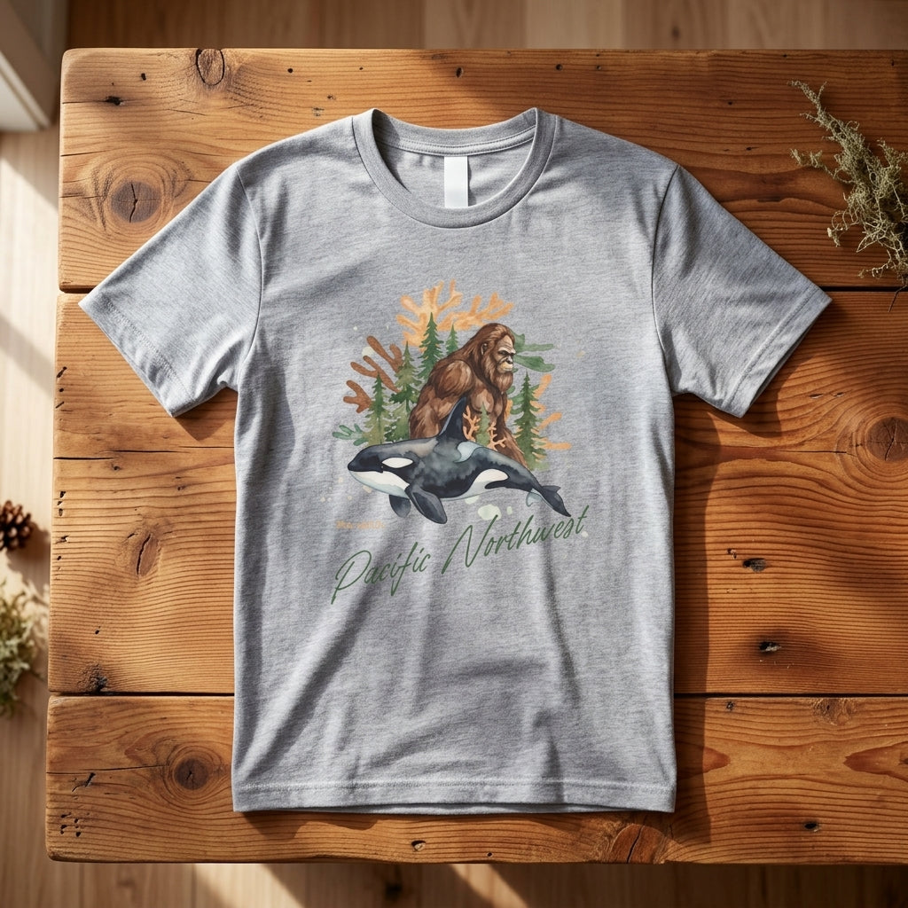 Sasquatch & Orca Graphic T-Shirt — Pacific Northwest Conservation Nature Tee