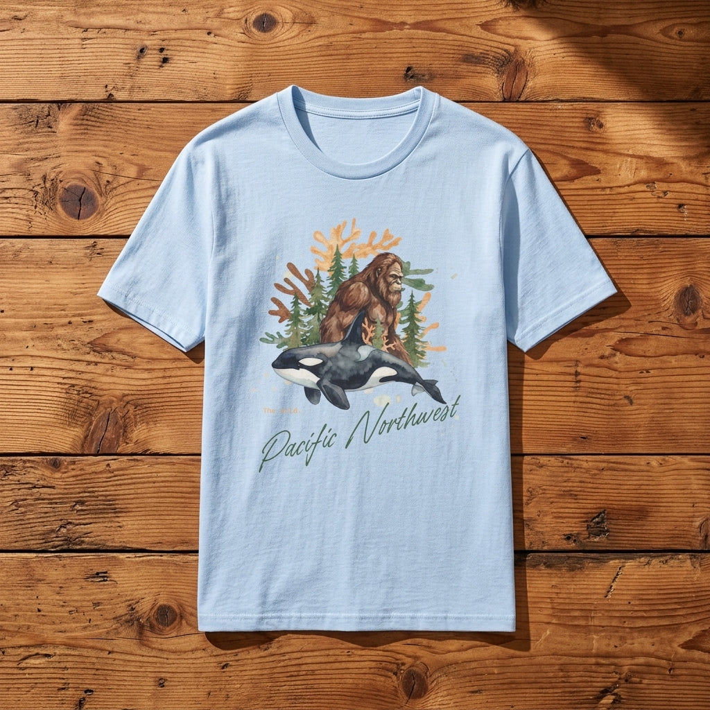 Sasquatch & Orca Graphic T-Shirt — Pacific Northwest Conservation Nature Tee