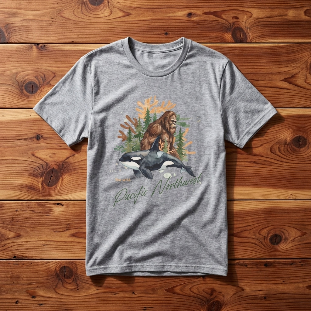 Sasquatch & Orca Graphic T-Shirt — Pacific Northwest Conservation Nature Tee