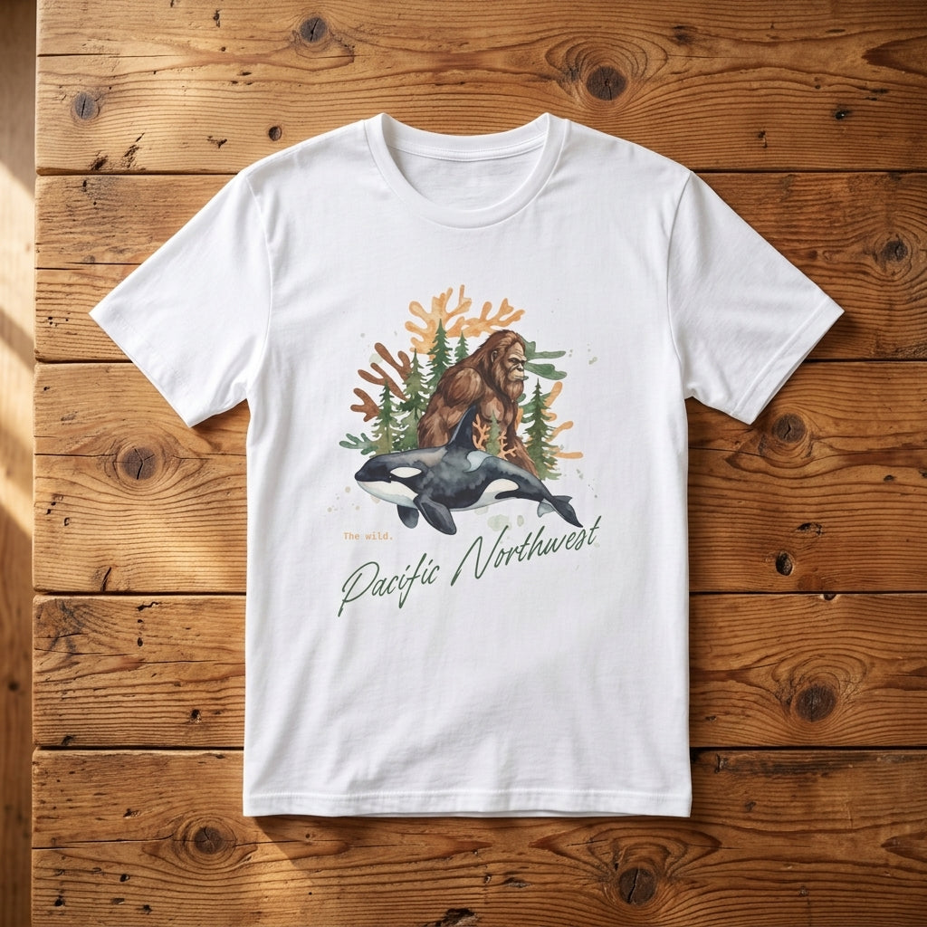 Sasquatch & Orca Graphic T-Shirt — Pacific Northwest Conservation Nature Tee