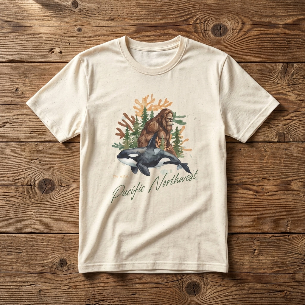Sasquatch & Orca Graphic T-Shirt — Pacific Northwest Conservation Nature Tee