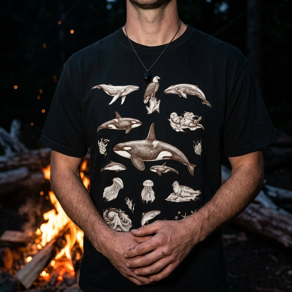Ocean Wildlife Sketch T-Shirt — Marine Illustration Conservation Tee