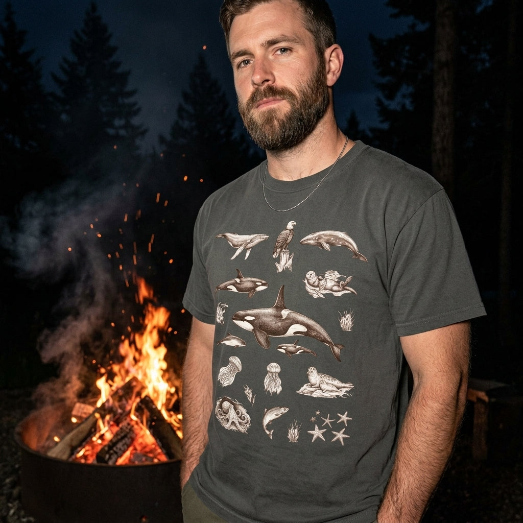 Ocean Wildlife Sketch T-Shirt — Marine Illustration Conservation Tee
