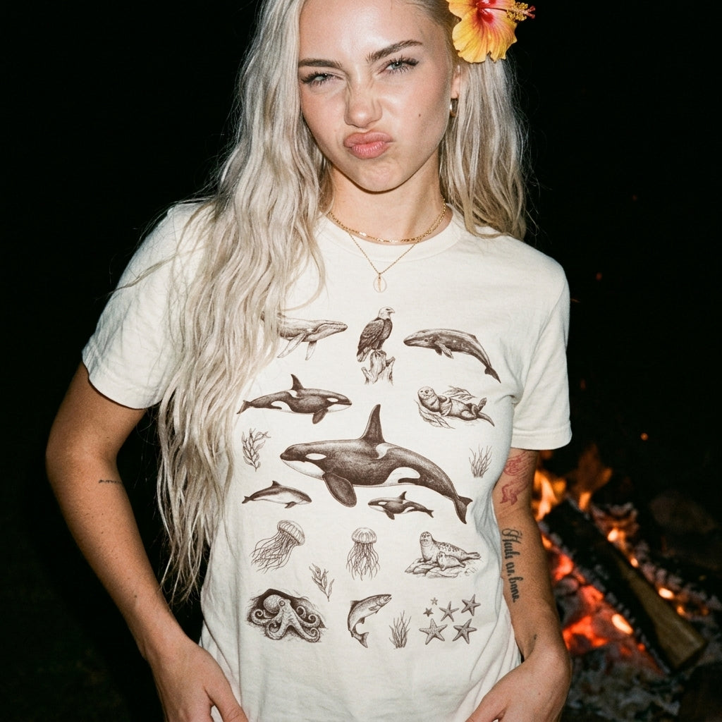 Ocean Wildlife Sketch T-Shirt — Marine Illustration Conservation Tee