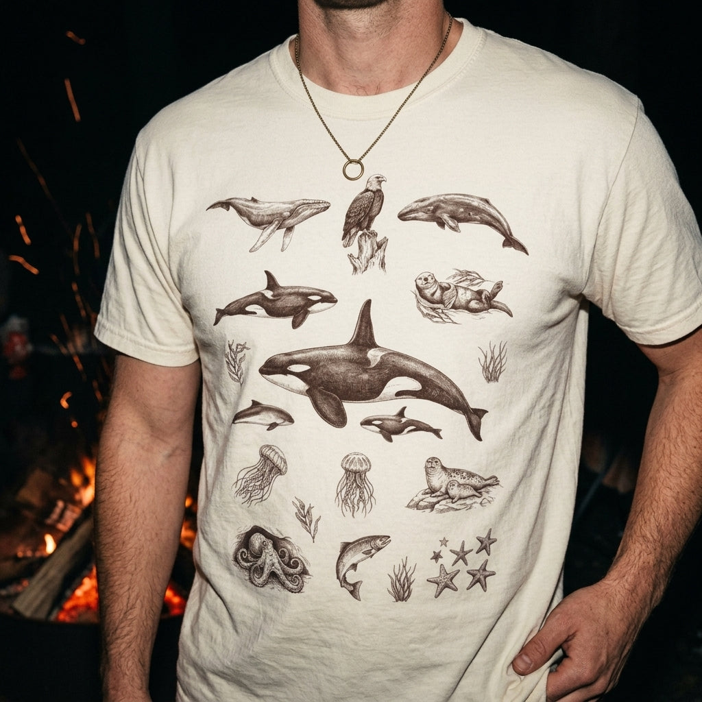 Ocean Wildlife Sketch T-Shirt — Marine Illustration Conservation Tee