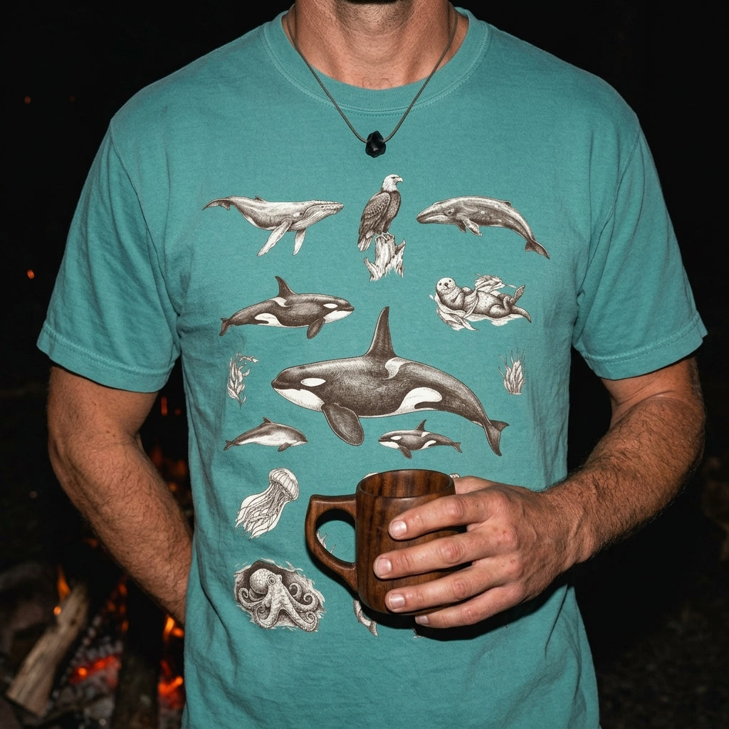 Ocean Wildlife Sketch T-Shirt — Marine Illustration Conservation Tee