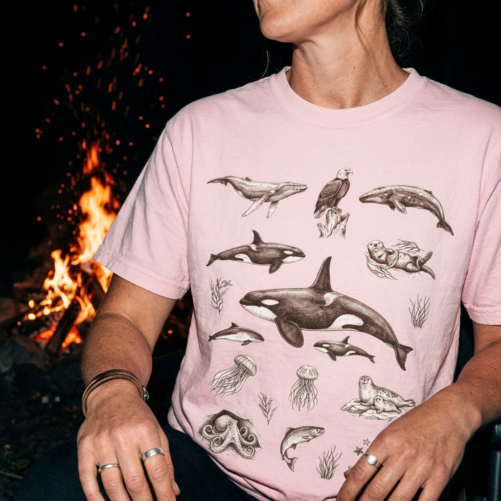 Ocean Wildlife Sketch T-Shirt — Marine Illustration Conservation Tee