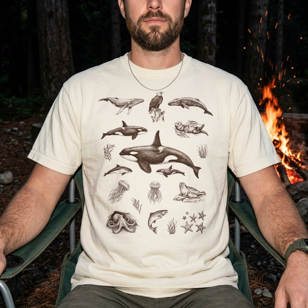 Ocean Wildlife Sketch T-Shirt — Marine Illustration Conservation Tee