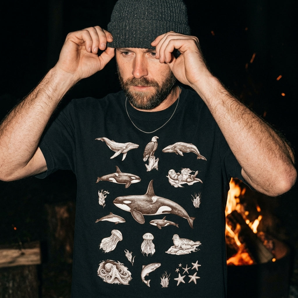 Ocean Wildlife Sketch T-Shirt — Marine Illustration Conservation Tee