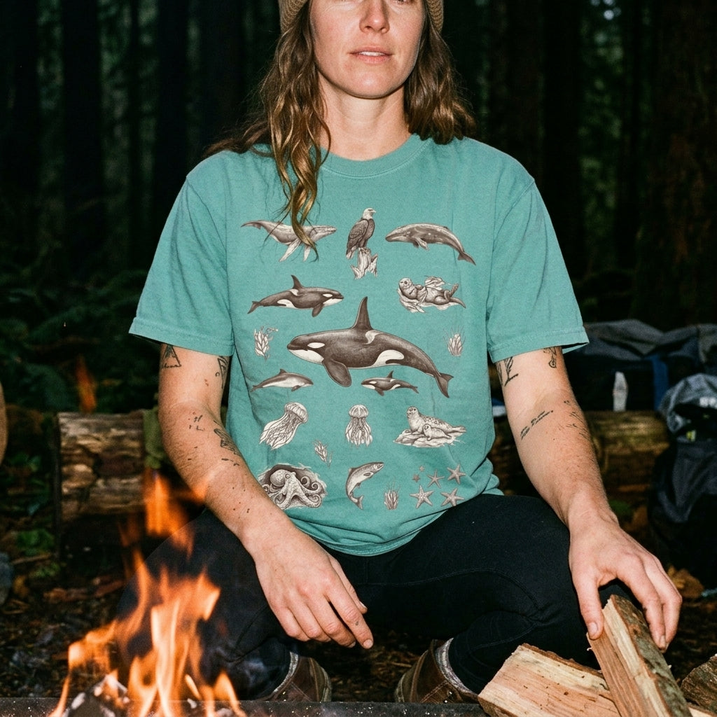 Ocean Wildlife Sketch T-Shirt — Marine Illustration Conservation Tee