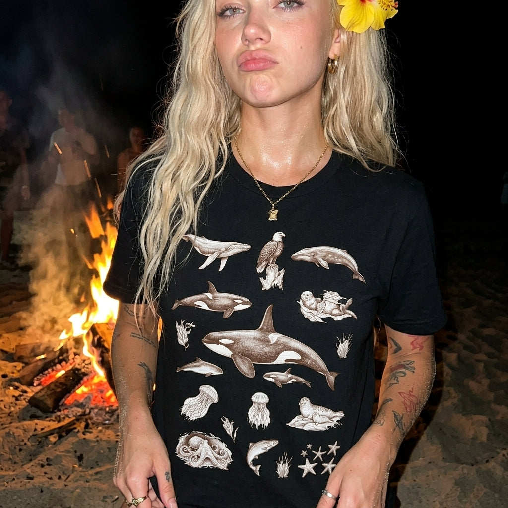 Ocean Wildlife Sketch T-Shirt — Marine Illustration Conservation Tee