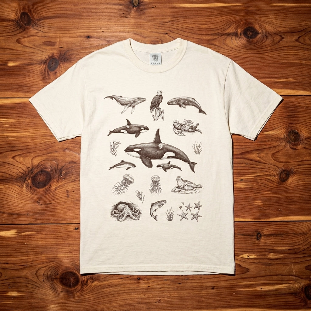 Ocean Wildlife Sketch T-Shirt — Marine Illustration Conservation Tee