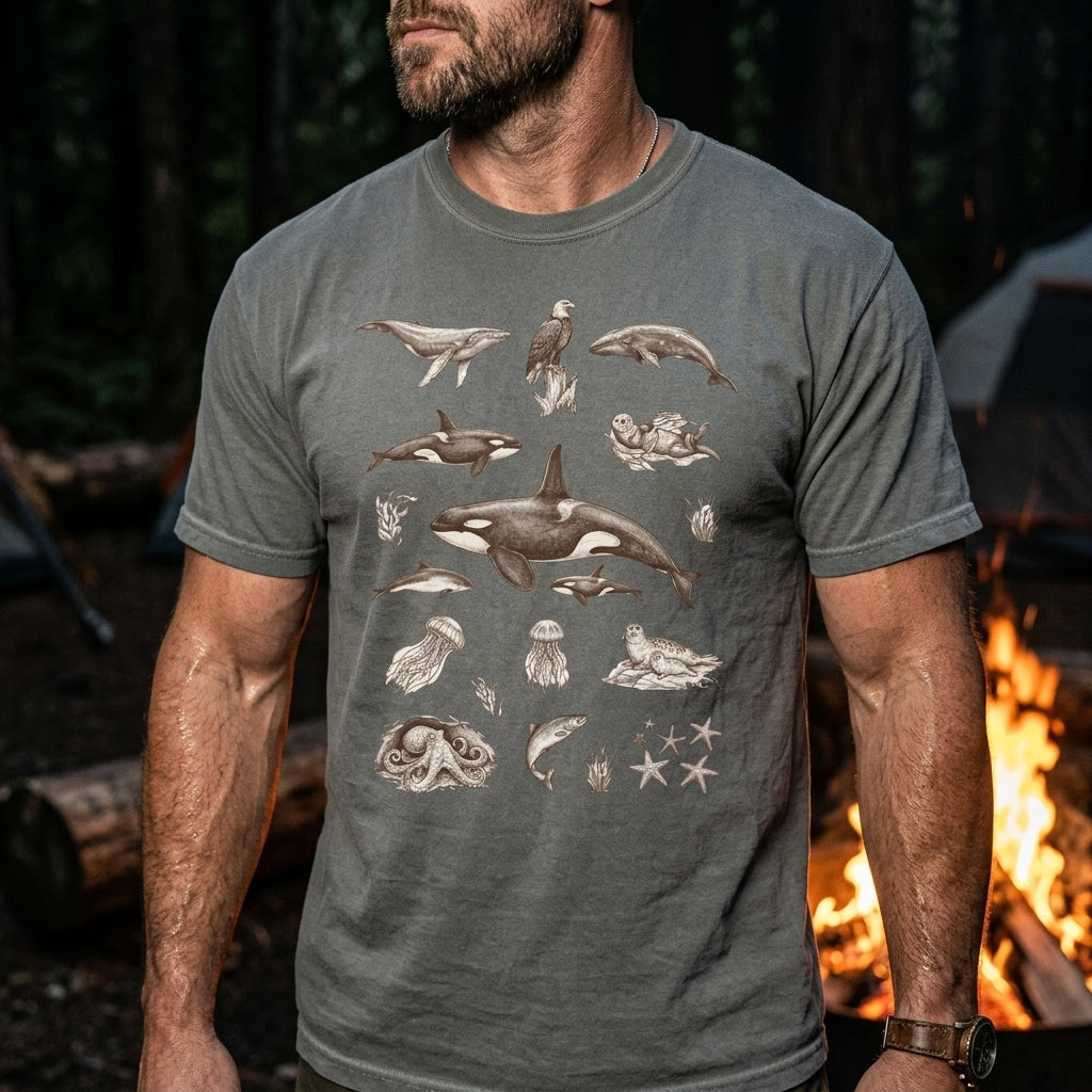 Ocean Wildlife Sketch T-Shirt — Marine Illustration Conservation Tee