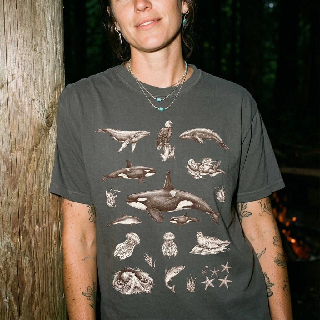 Ocean Wildlife Sketch T-Shirt — Marine Illustration Conservation Tee