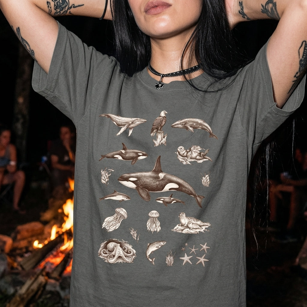 Ocean Wildlife Sketch T-Shirt — Marine Illustration Conservation Tee