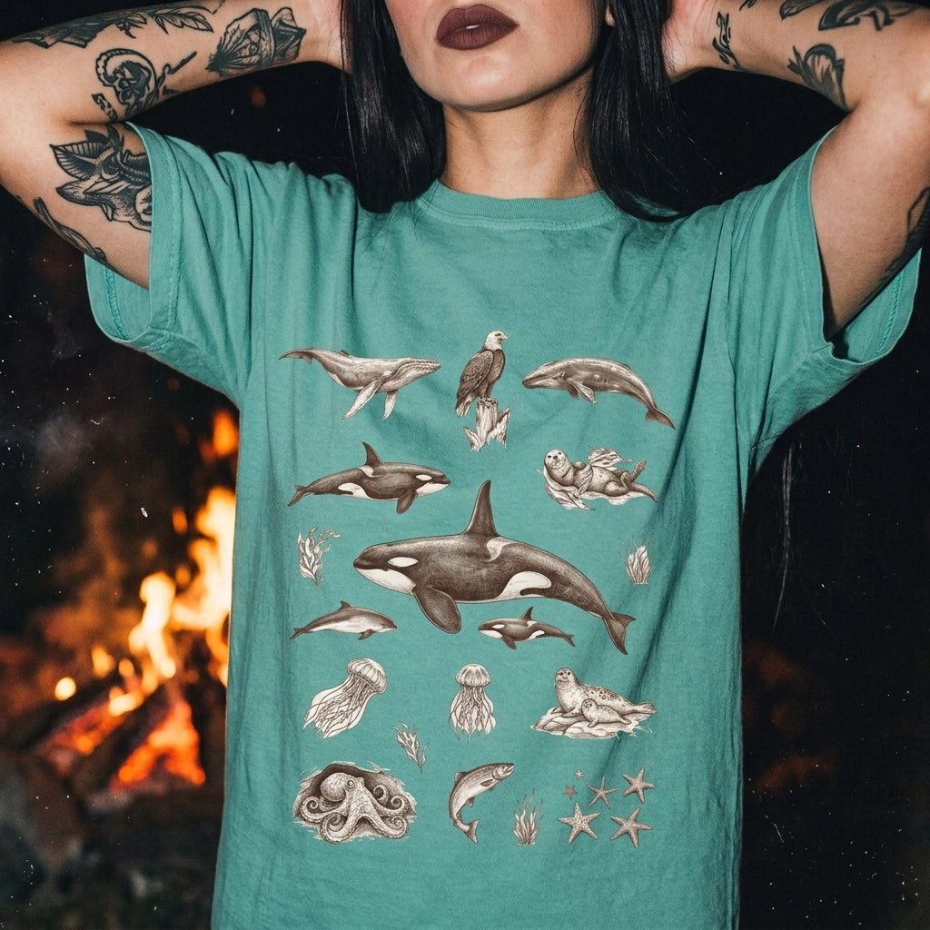 Ocean Wildlife Sketch T-Shirt — Marine Illustration Conservation Tee