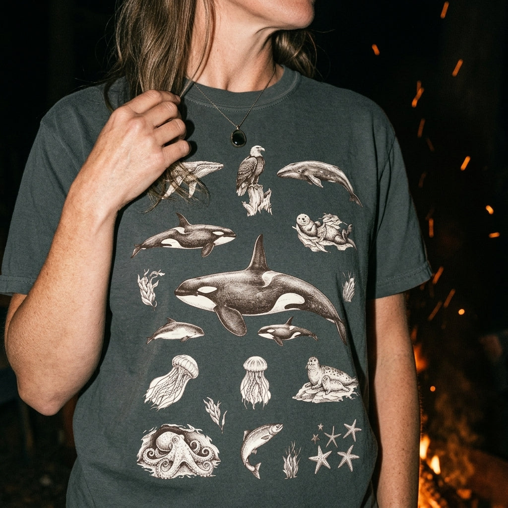 Ocean Wildlife Sketch T-Shirt — Marine Illustration Conservation Tee