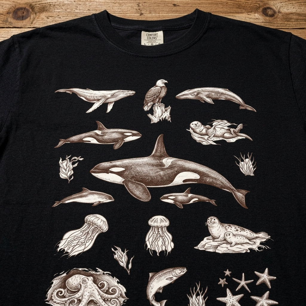 Ocean Wildlife Sketch T-Shirt — Marine Illustration Conservation Tee
