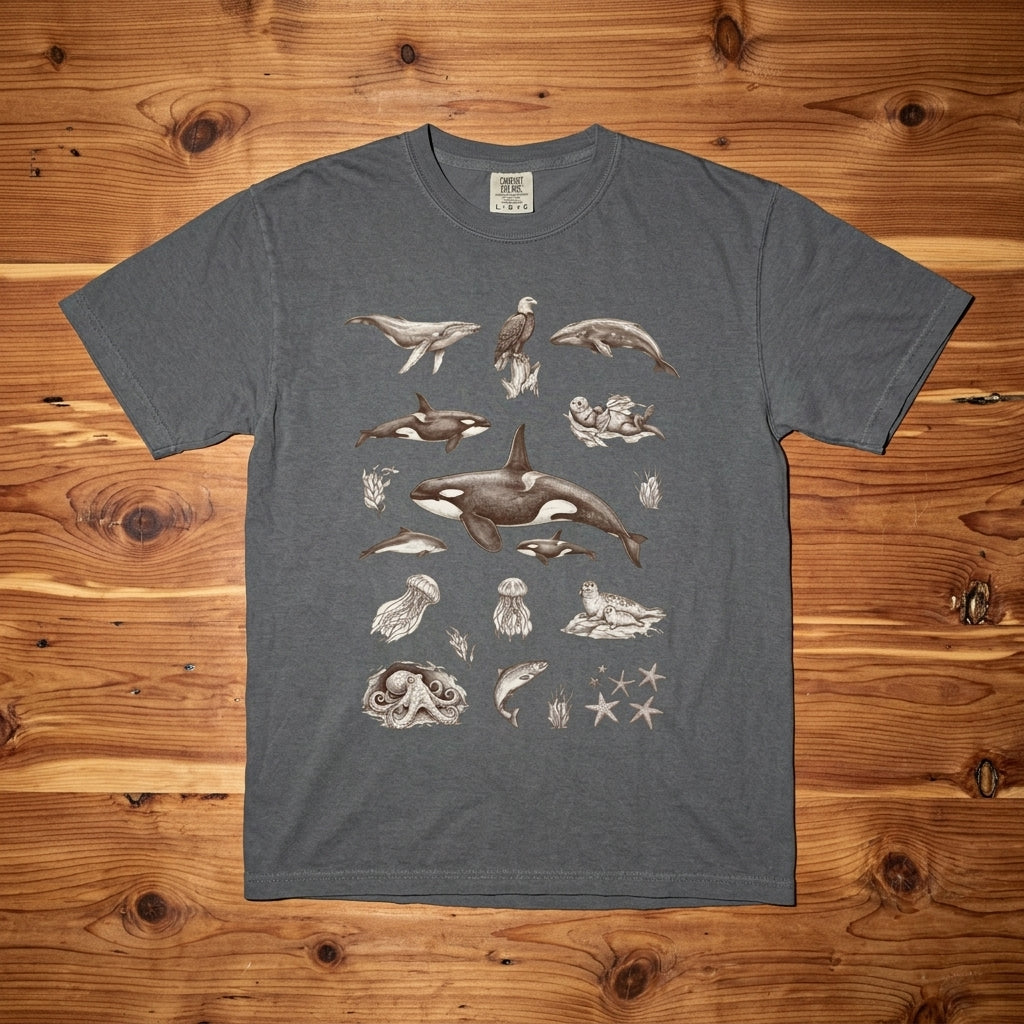 Ocean Wildlife Sketch T-Shirt — Marine Illustration Conservation Tee