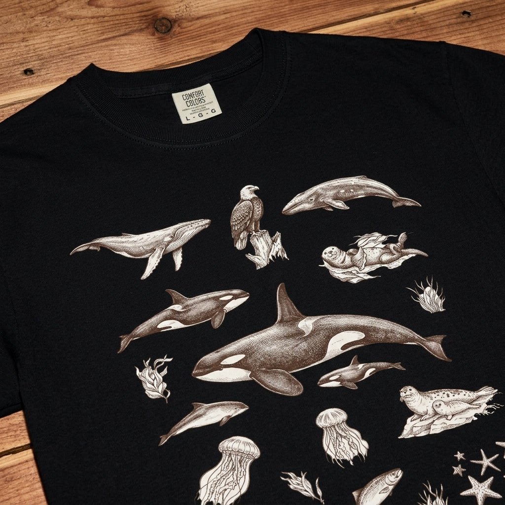 Ocean Wildlife Sketch T-Shirt — Marine Illustration Conservation Tee