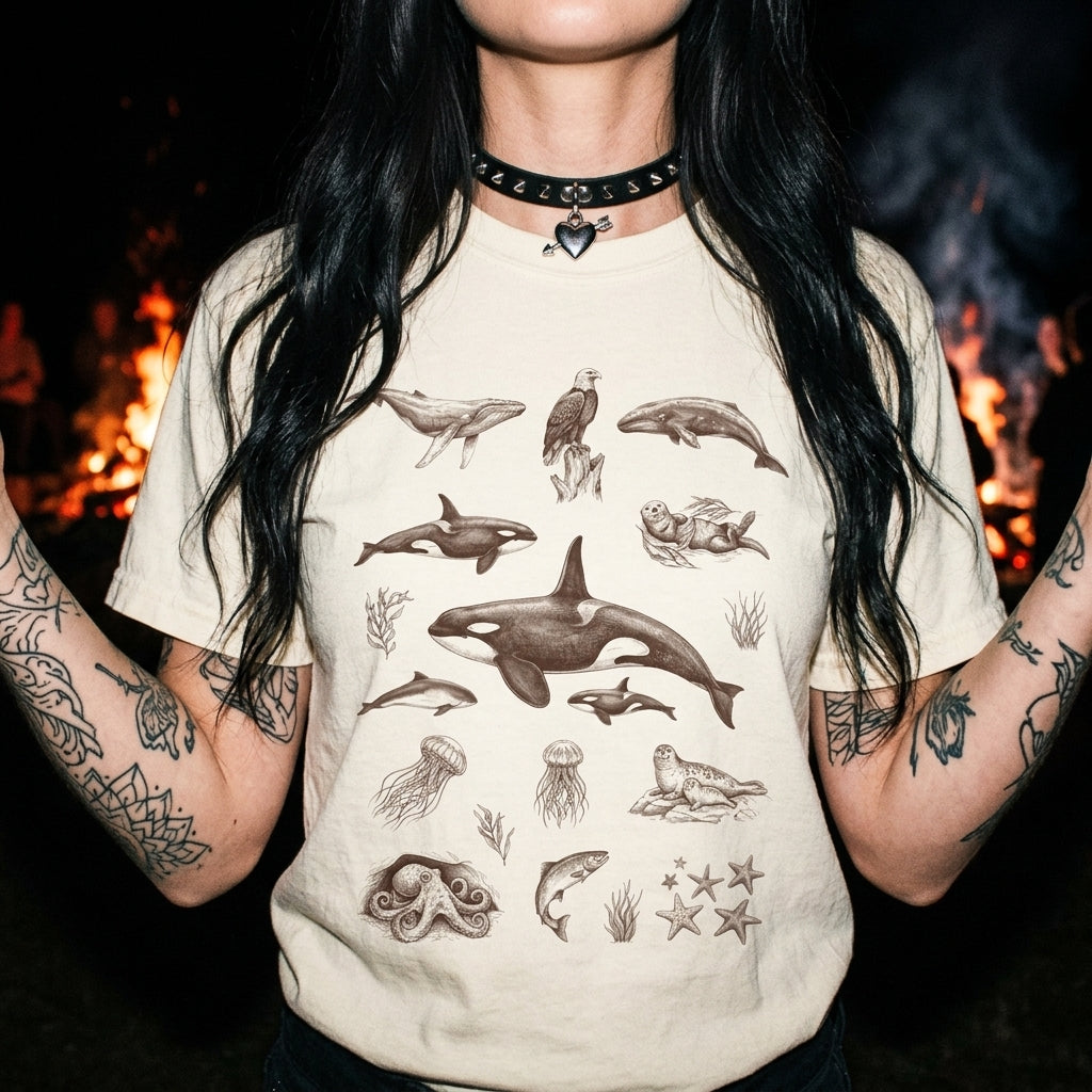 Ocean Wildlife Sketch T-Shirt — Marine Illustration Conservation Tee