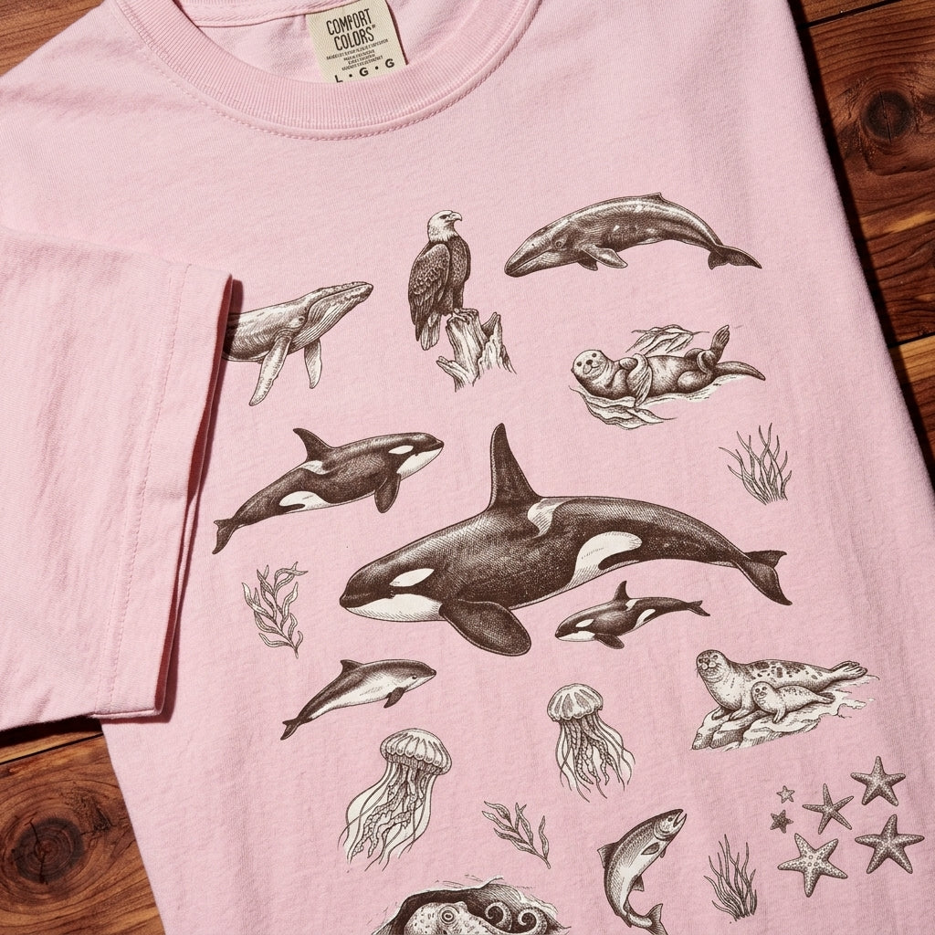 Ocean Wildlife Sketch T-Shirt — Marine Illustration Conservation Tee