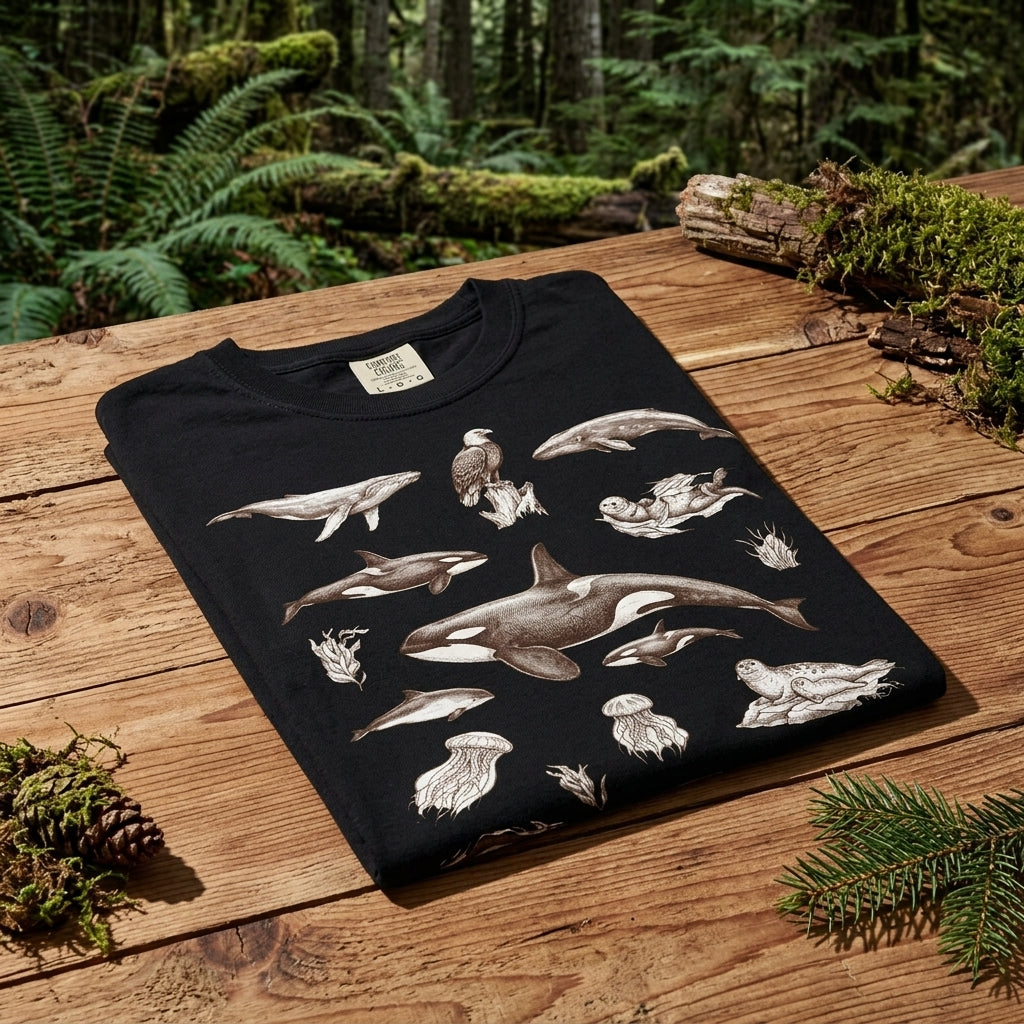 Ocean Wildlife Sketch T-Shirt — Marine Illustration Conservation Tee