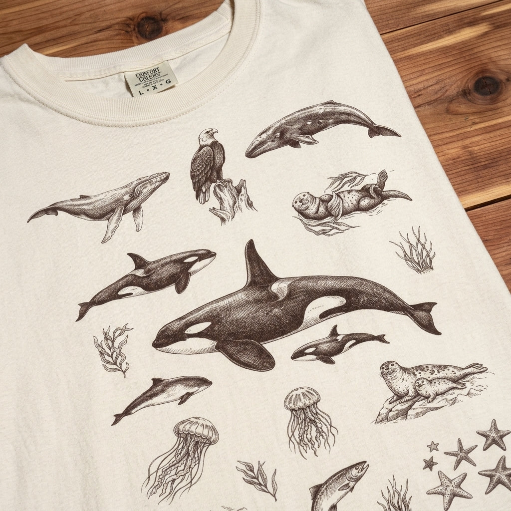 Ocean Wildlife Sketch T-Shirt — Marine Illustration Conservation Tee