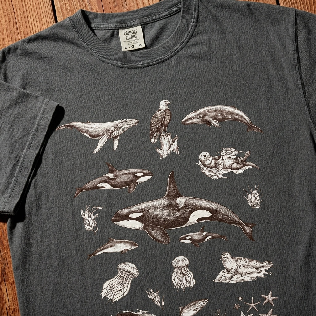 Ocean Wildlife Sketch T-Shirt — Marine Illustration Conservation Tee