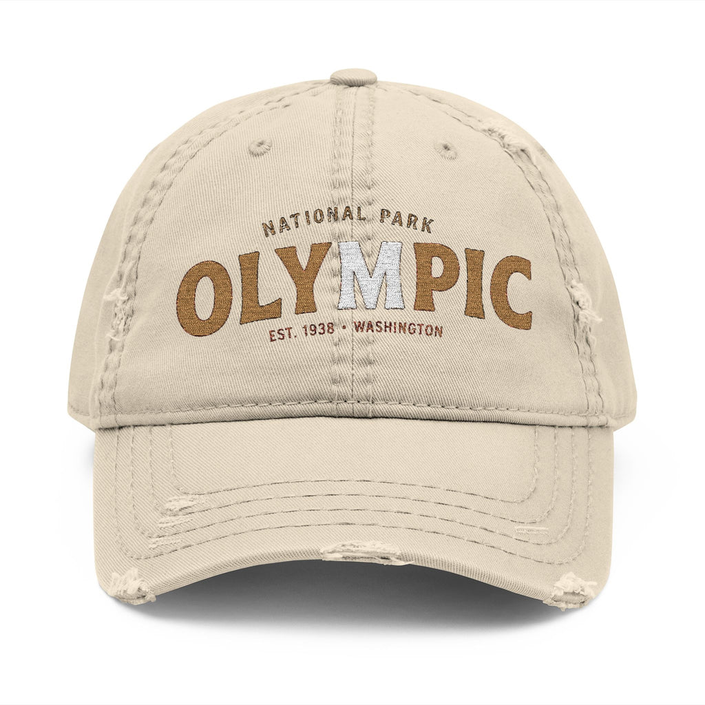 Olympic National Park Distressed Dad Hat - Embroidered Vintage Beige Cap