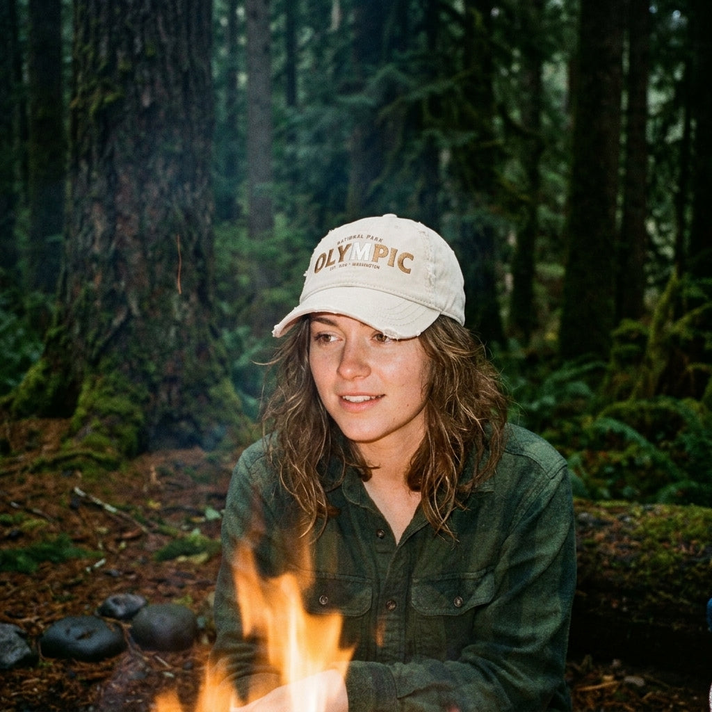 Olympic National Park Distressed Dad Hat - Embroidered Vintage Beige Cap