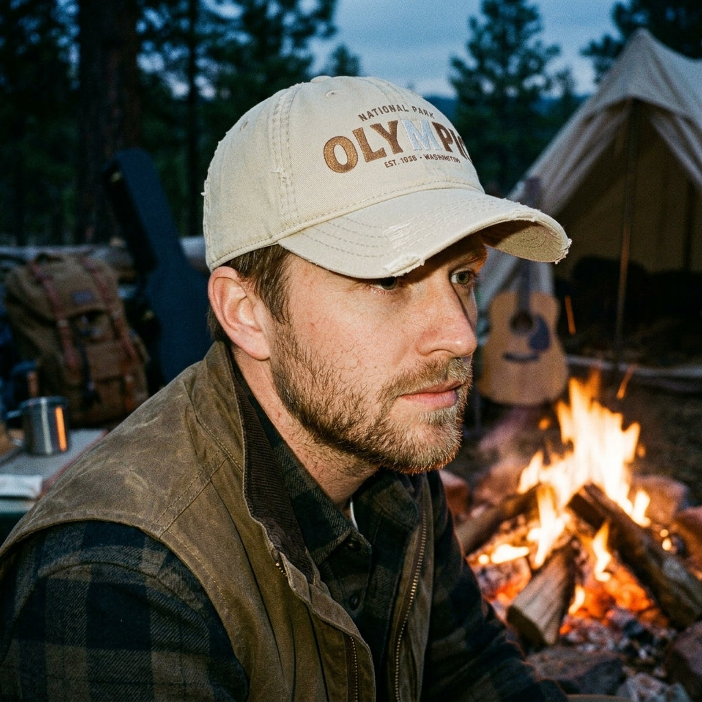 Olympic National Park Distressed Dad Hat - Embroidered Vintage Beige Cap