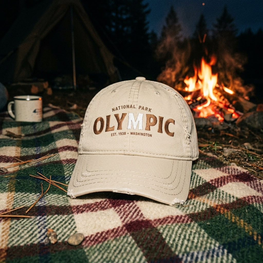 Olympic National Park Distressed Dad Hat - Embroidered Vintage Beige Cap