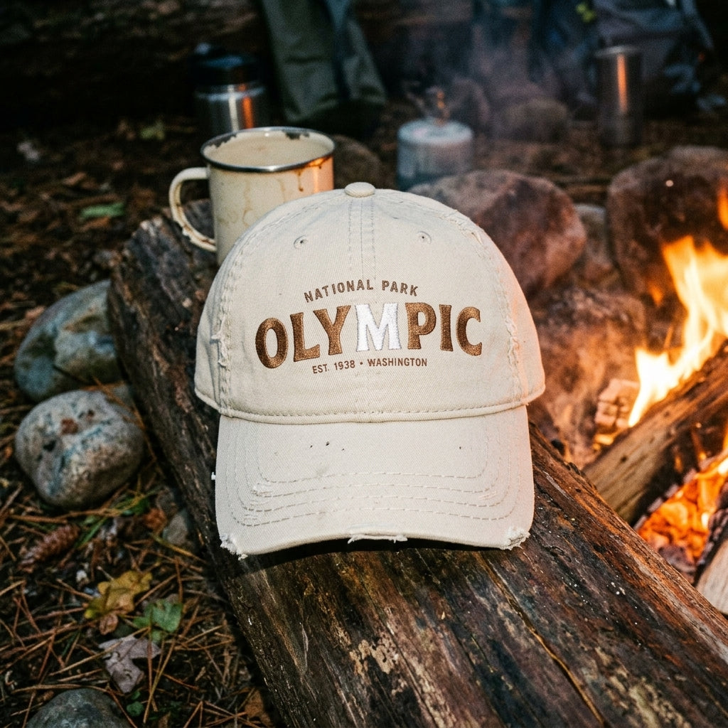 Olympic National Park Distressed Dad Hat - Embroidered Vintage Beige Cap