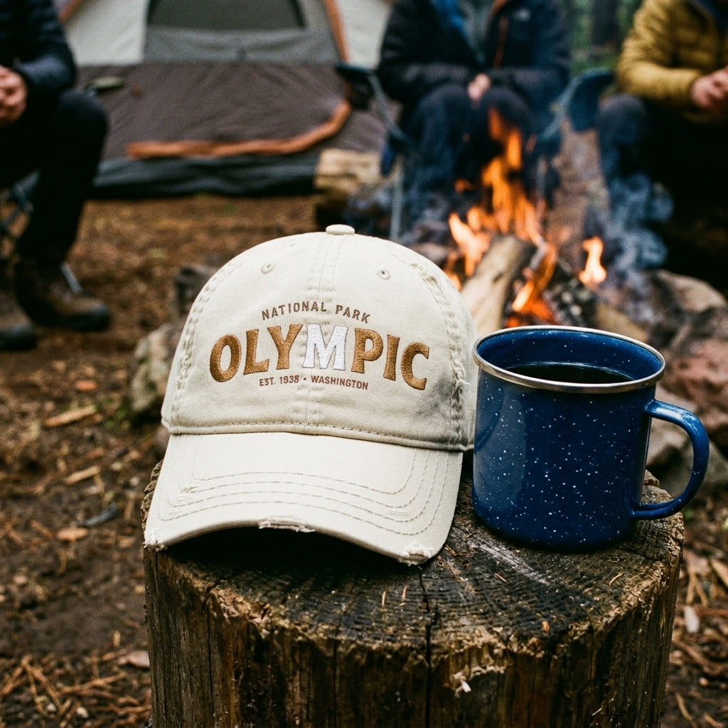 Olympic National Park Distressed Dad Hat - Embroidered Vintage Beige Cap