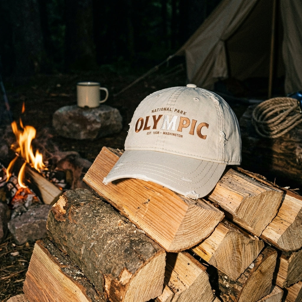 Olympic National Park Distressed Dad Hat - Embroidered Vintage Beige Cap