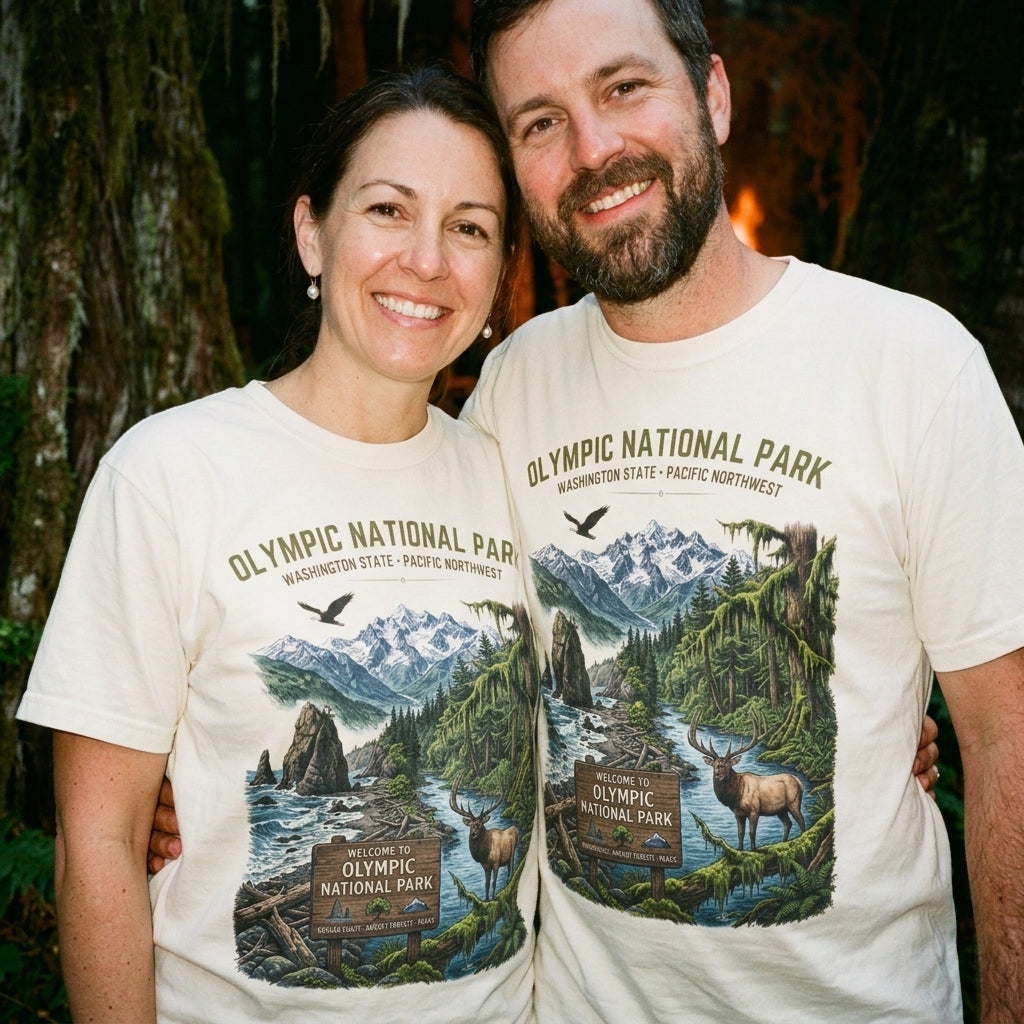 Olympic National Park Scenic T-Shirt — Vintage Mountain & Elk Graphic