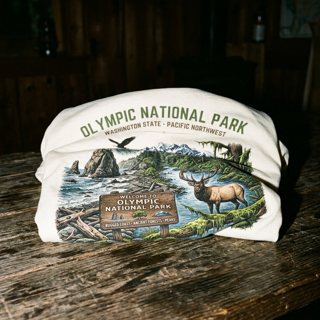 Olympic National Park Scenic T-Shirt — Vintage Mountain & Elk Graphic