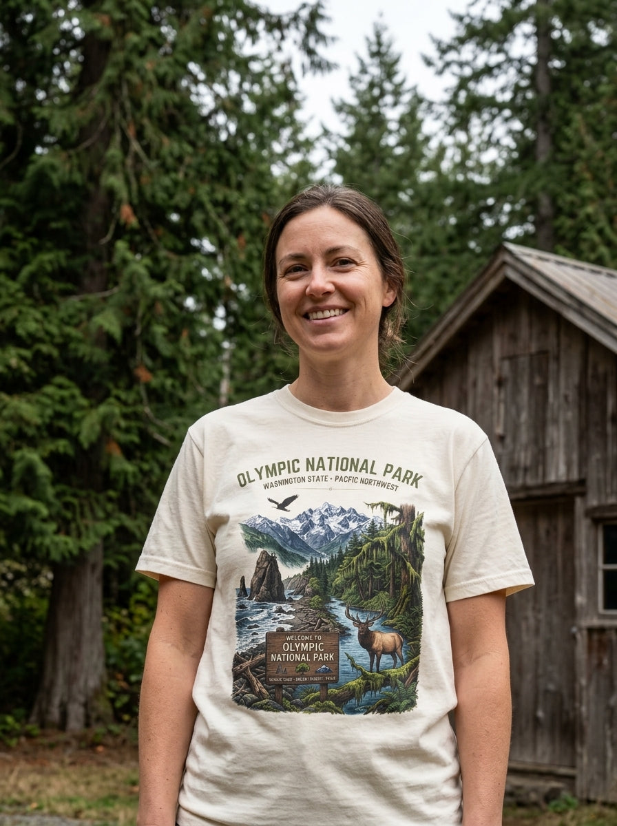 Olympic National Park Scenic T-Shirt — Vintage Mountain & Elk Graphic
