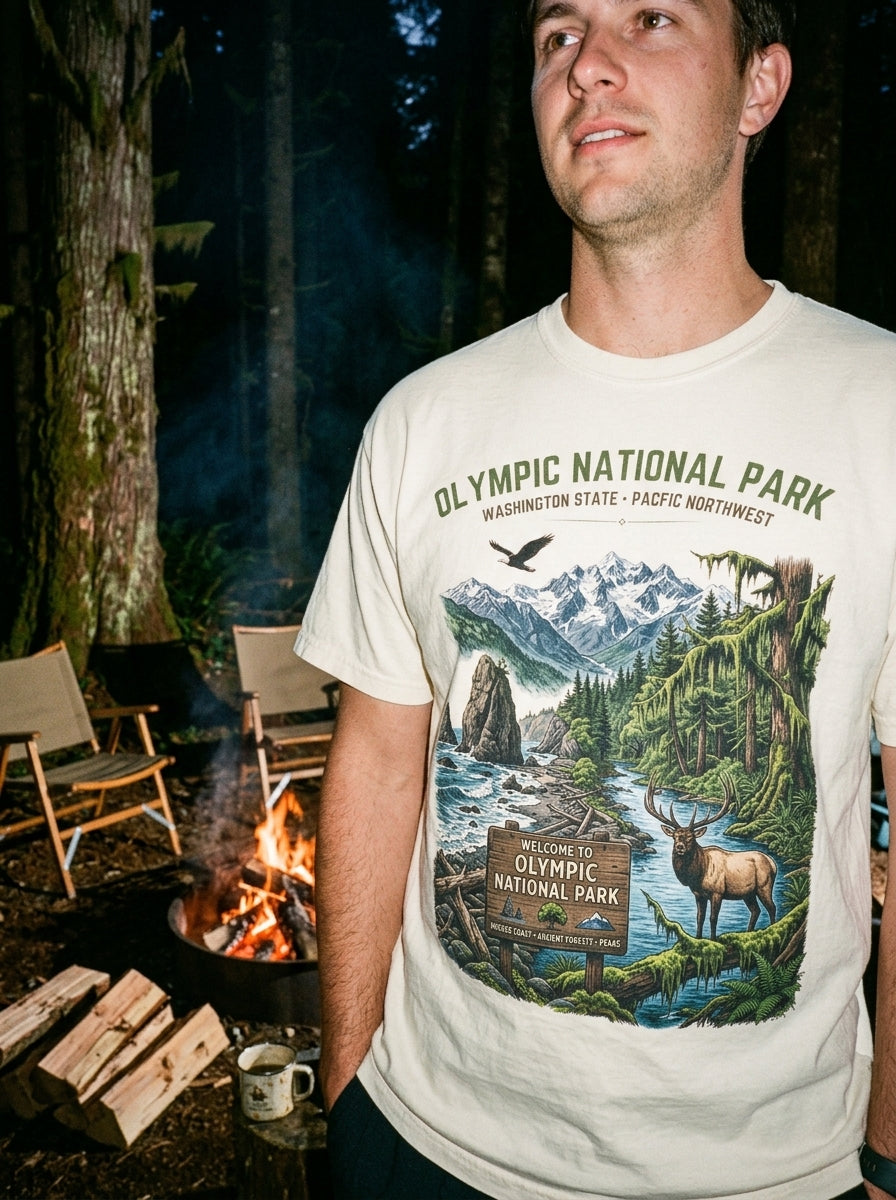 Olympic National Park Scenic T-Shirt — Vintage Mountain & Elk Graphic