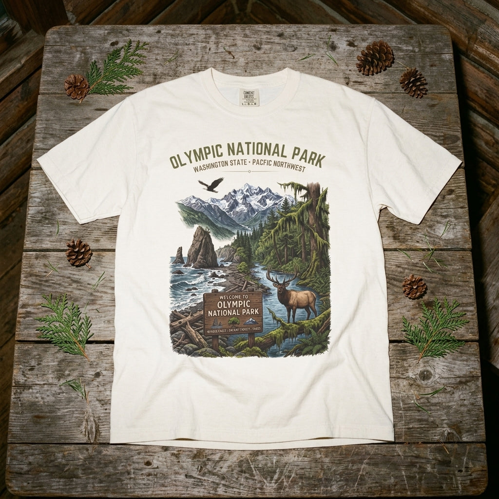 Olympic National Park Scenic T-Shirt — Vintage Mountain & Elk Graphic